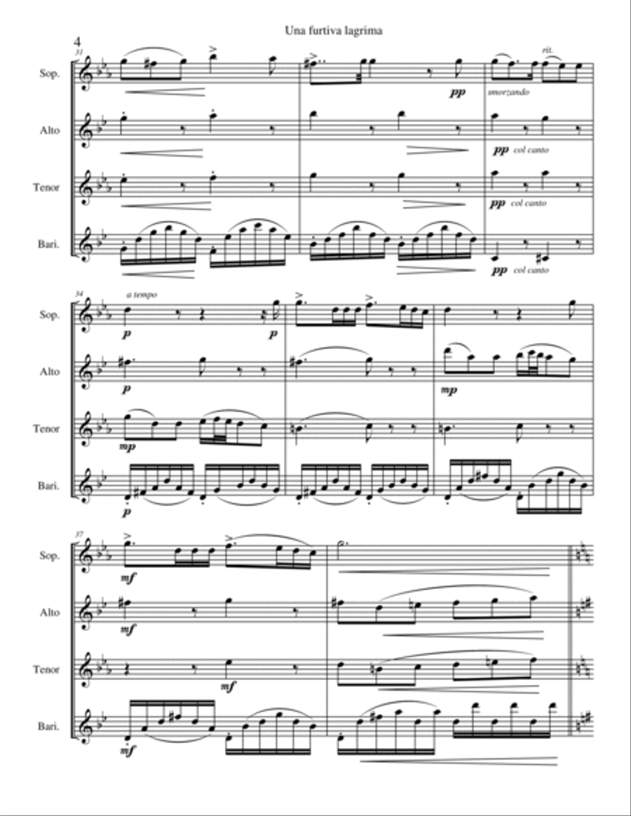Una furtiva lagrima from L'elisir d'amore Saxophone Quartet scores gallery preview page 6
