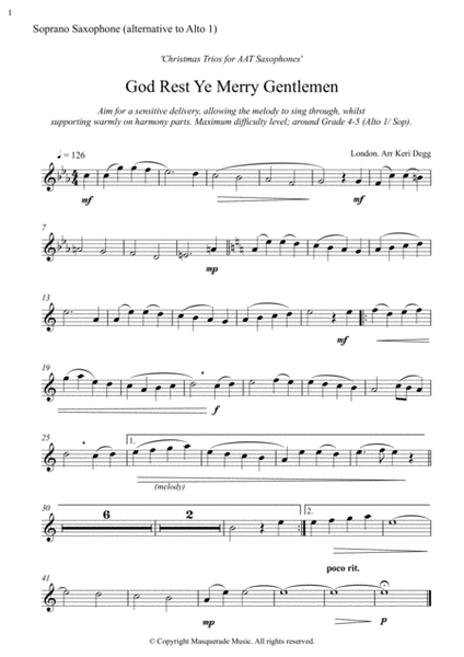 God Rest Ye Merry Gentlemen - Lovely AAT/SAT Saxophone Trio arrangement for beginner - early interme image number null