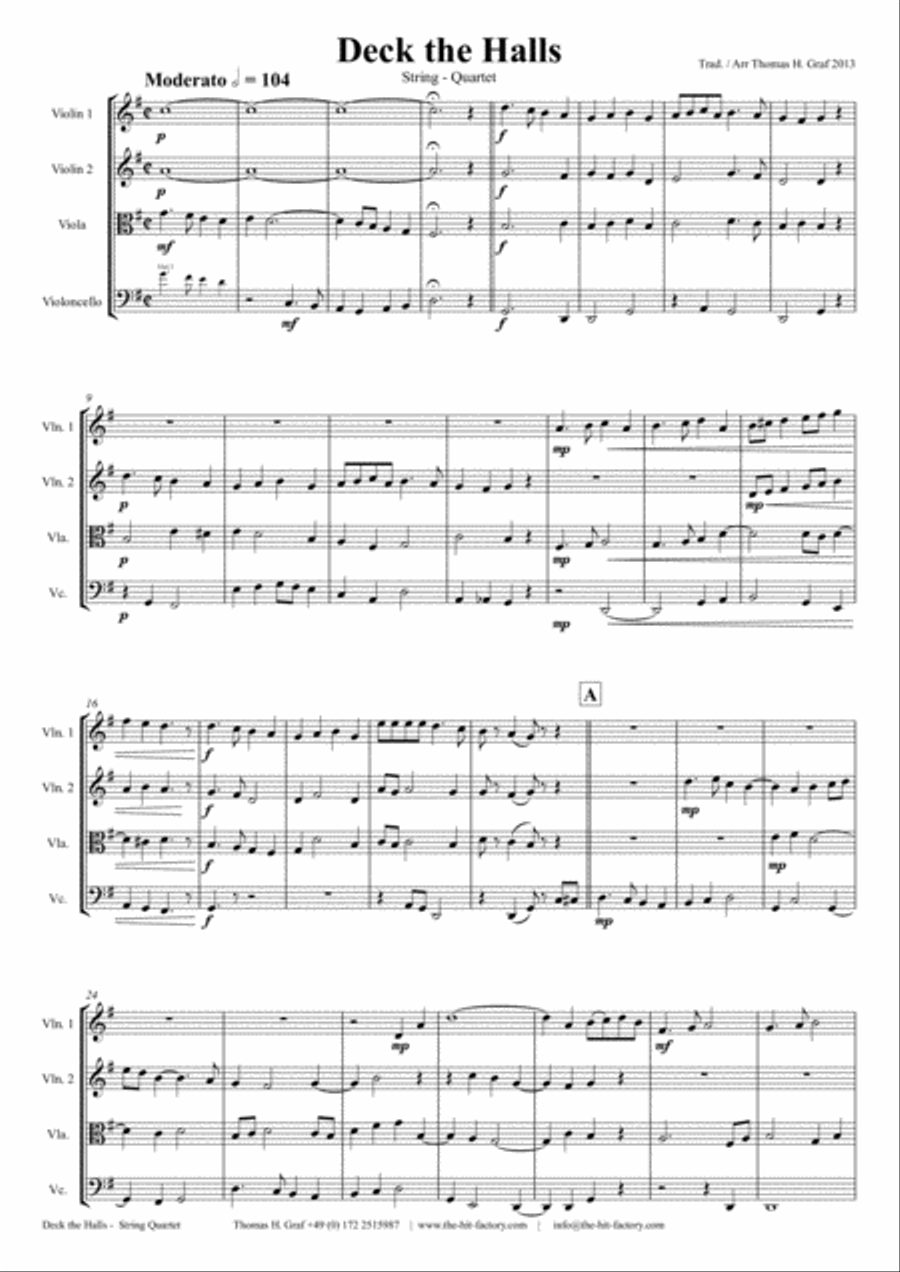 Deck the halls - Christmas Carol - Polyphonic - String Quartet String Quartet scores gallery preview page 1