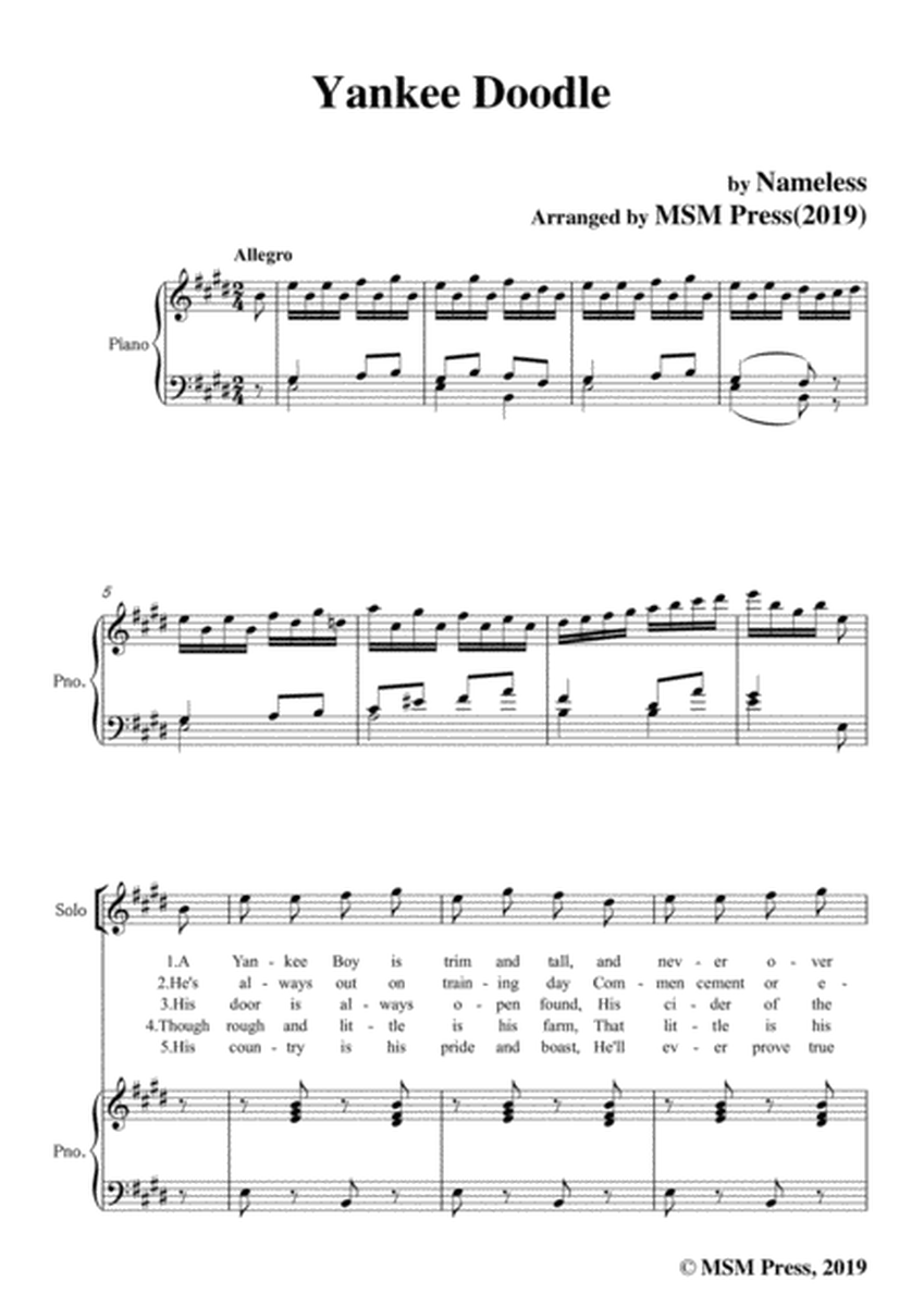 Nameless-Yankee Doodle (Patriotic),in E Major,for Voice and Piano image number null