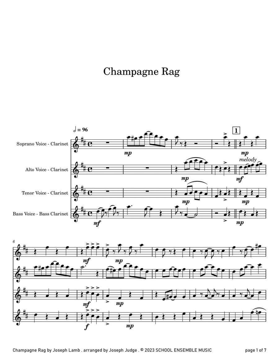 Champagne Rag by Joseph Lamb for Clarinet Quartet in Schools Clarinet Quartet scores gallery preview page 1