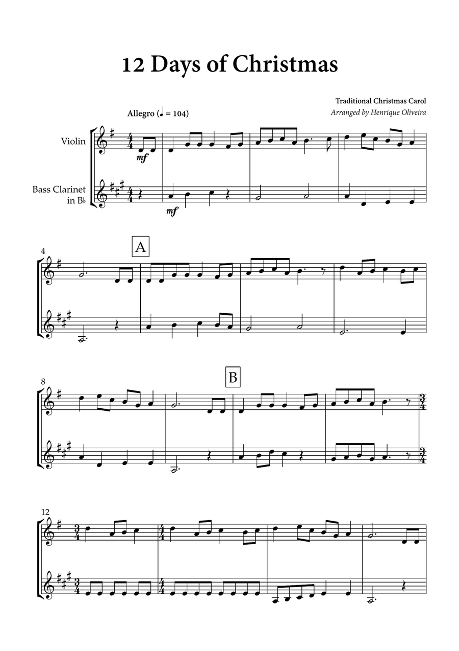 12 days of Christmas (Violin and Bass Clarinet) - Christmas Carol Bass Clarinet scores gallery preview page 1