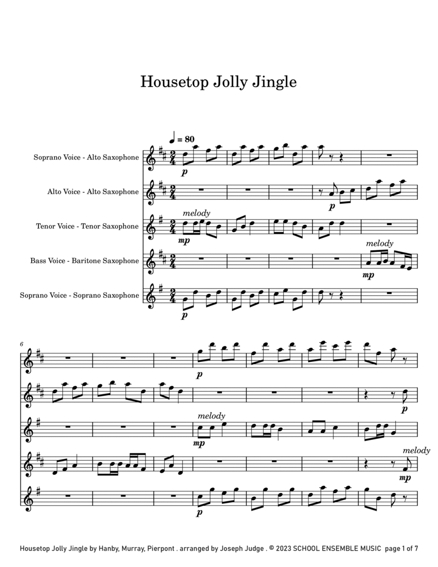 Housetop Jolly Jingle for Saxophone Quartet in Schools Saxophone Quartet scores gallery preview page 1