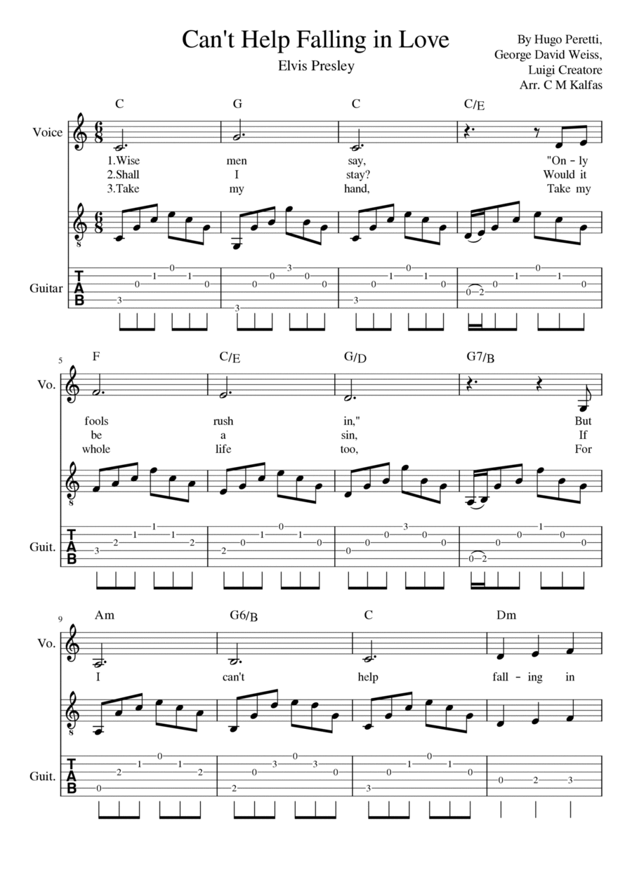 Can't Help Falling In Love Guitar Tablature scores gallery preview page 1