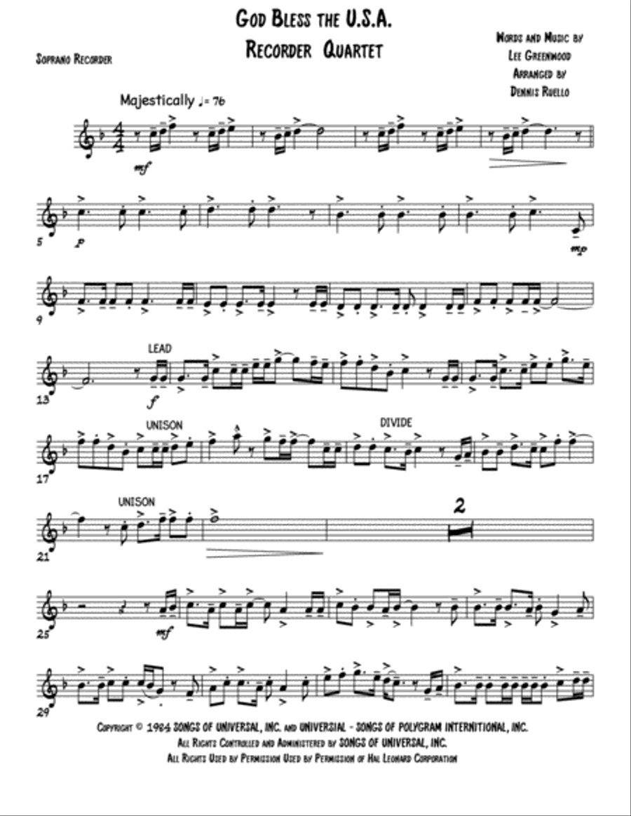 God Bless The U.S.A. Soprano Recorder scores gallery preview page 6