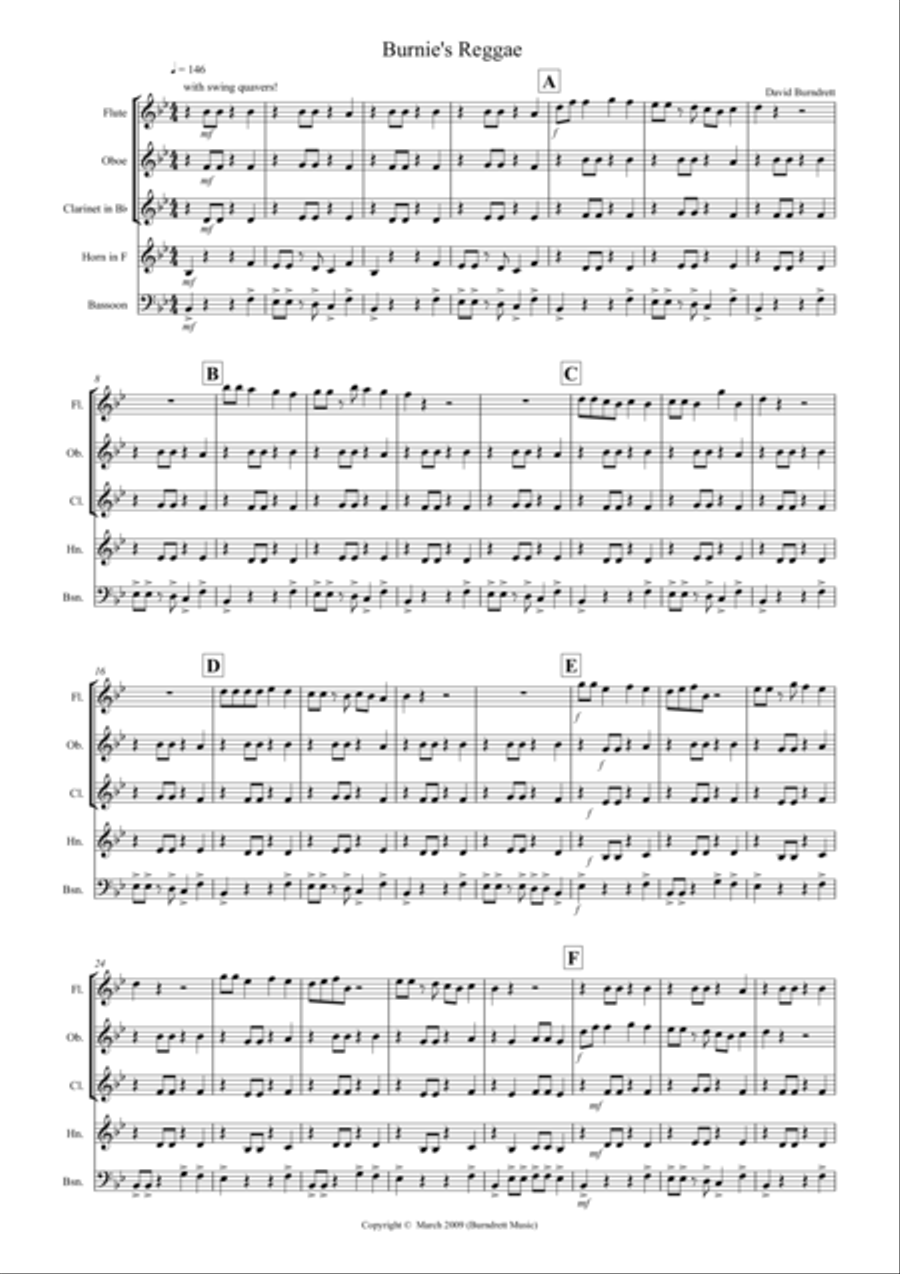 Burnie's Reggae for Wind Quintet Woodwind Quartet scores gallery preview page 1