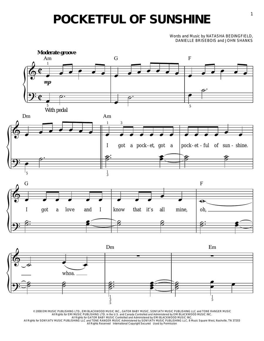 Pocketful Of Sunshine Easy Piano scores gallery preview page 1