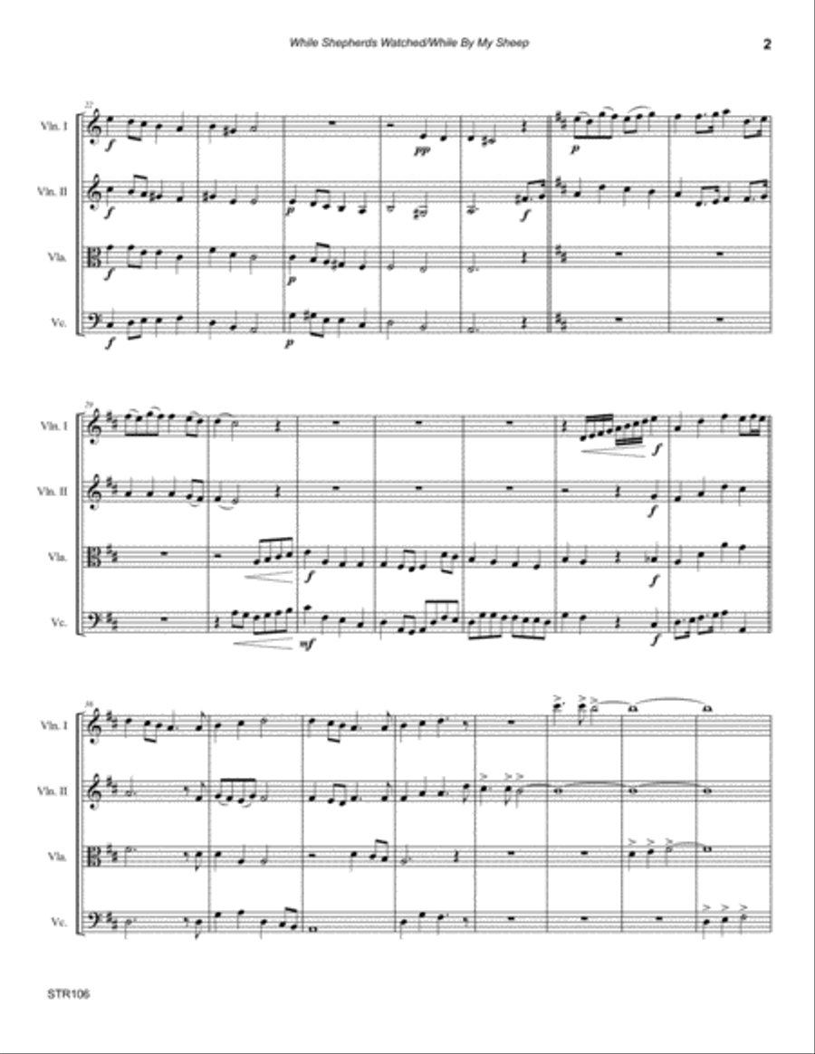 WHILE SHEPHERDS WATCHED/WHILE BY MY SHEEP - unaccompanied STRING QUARTET (or 3 Violins & Cello) String Quartet scores gallery preview page 2