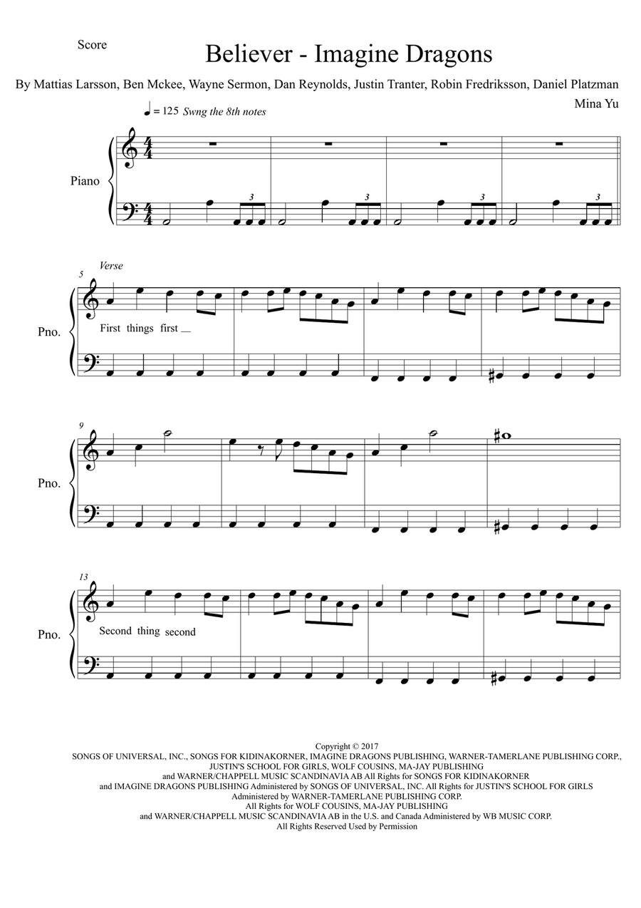 Believer Easy Piano scores gallery preview page 1