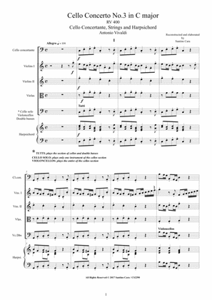 Book cover for Vivaldi - Cello Concerto No.3 in C major RV 400 for Cello solo, Strings and Harpsichord