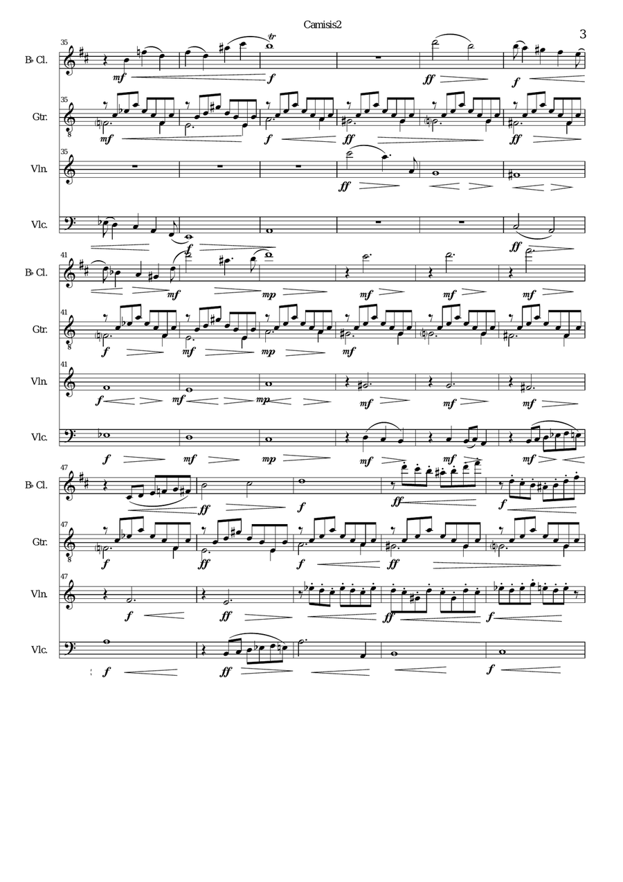 Camisis 2 for clarinet, violin, cello and guitar Small Ensemble scores gallery preview page 3