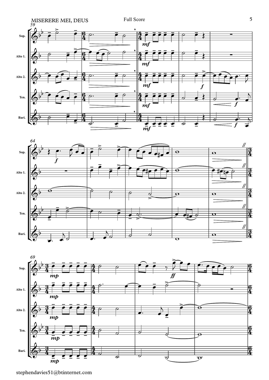 Miserere Mei, Deus by Gregorio Allegri (1582-1652) for Saxophone Quintet. Saxophone Quintet scores gallery preview page 5