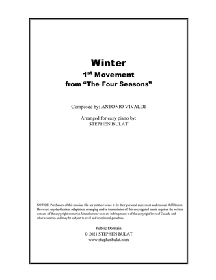 Book cover for Winter - 1st Movement from "The Four Seasons" (Vivaldi) - Arranged for easy piano