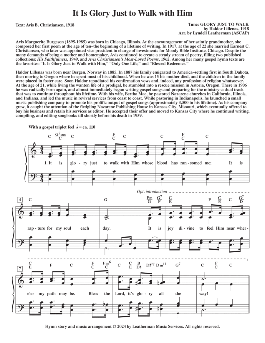 It Is Glory Just to Walk with Him Piano, Vocal, Guitar scores gallery preview page 1