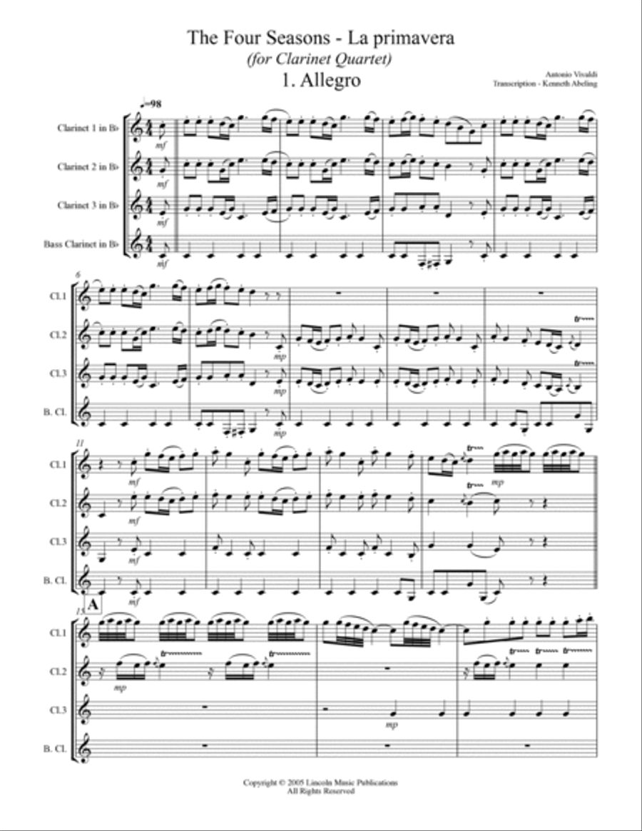 The Four Seasons - La Primavera (for Clarinet Quartet) Clarinet Quartet scores gallery preview page 2