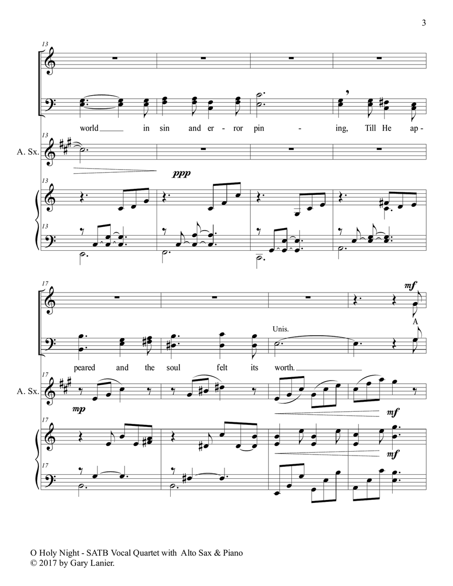 O HOLY NIGHT (SATB Vocal Quartet with Alto Sax & Piano - Score & Parts included) Choir scores gallery preview page 4