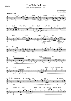 Book cover for Clair de Lune (C. Debussy) for Violin Solo with Chords (Db Major)