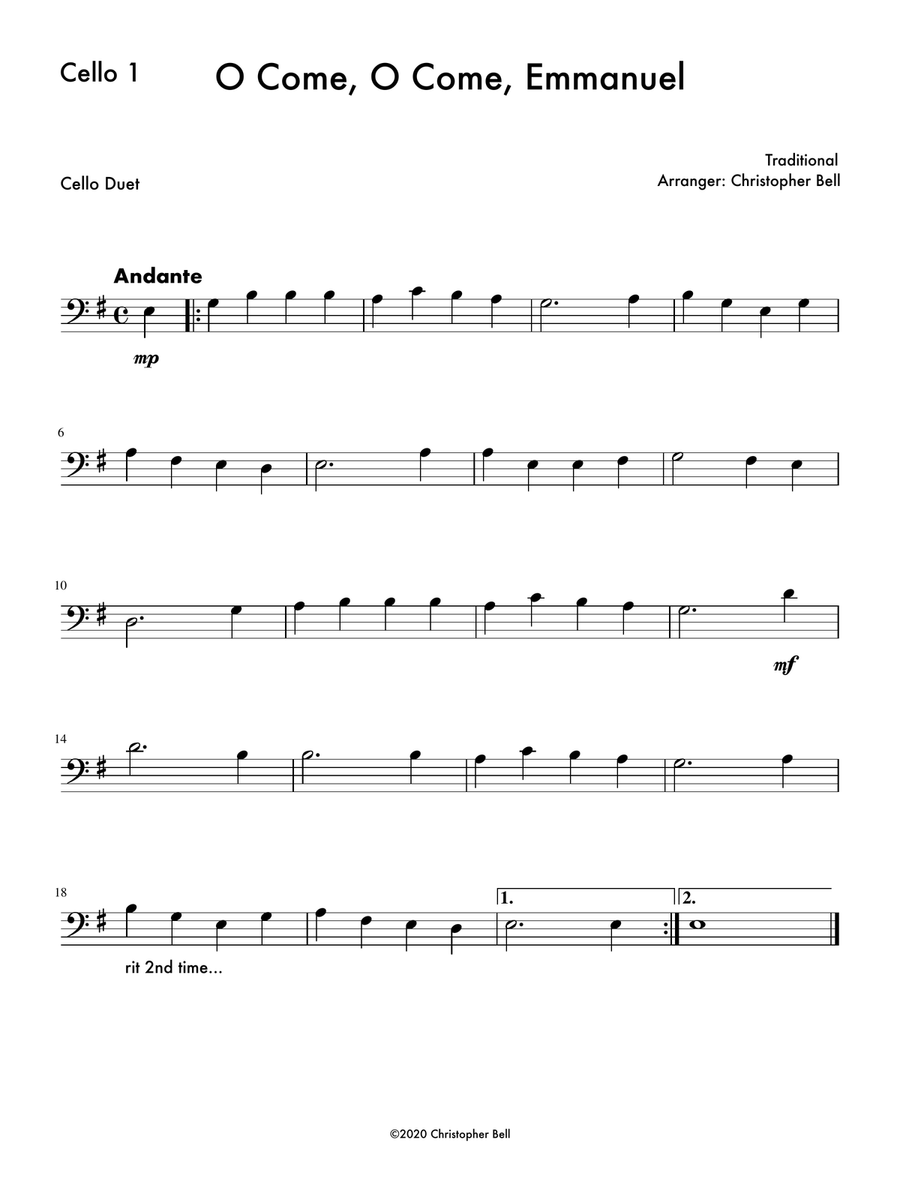 O Come, O Come, Emmanuel - Easy Cello Duet String Duet scores gallery preview page 2