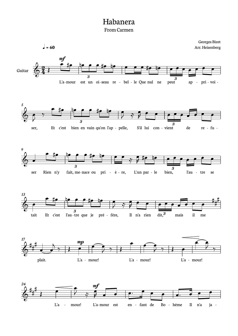 Habanera from Carmen for Guitar with chords and lyrics. Classical Guitar scores gallery preview page 1