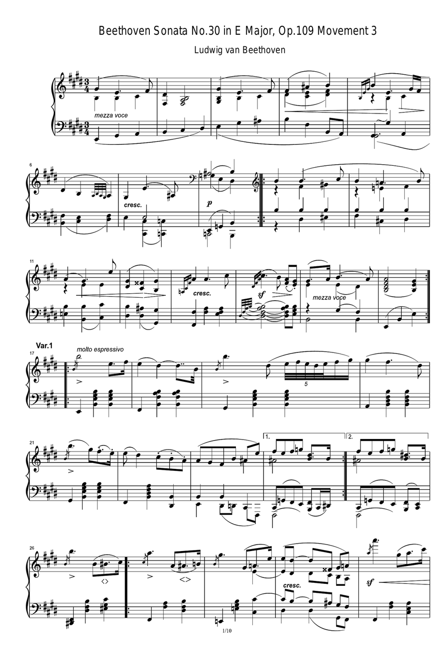 Beethoven Sonata No.30 in E Major, Op.109 Movement 3 Piano Solo scores gallery preview page 1