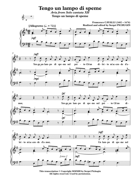 CAVALLI Francesco: Tengo un lampo di speme, aria from the cantata, arranged for Voice and Piano (G m