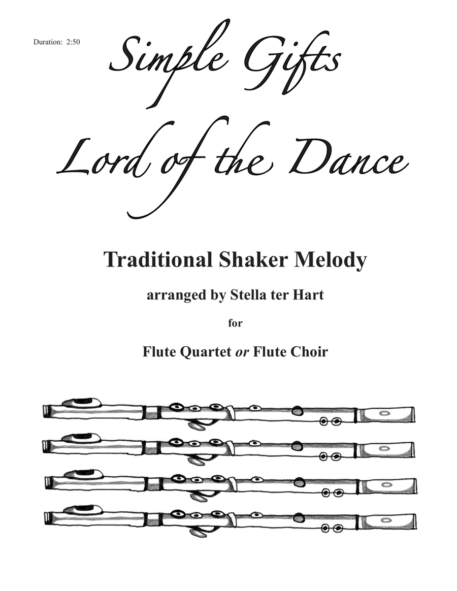 Simple Gifts/Lord of the Dance - flute quartet or choir (flute 1, 2, 3, 4 and piccolo) Woodwind Ensemble scores gallery preview page 1