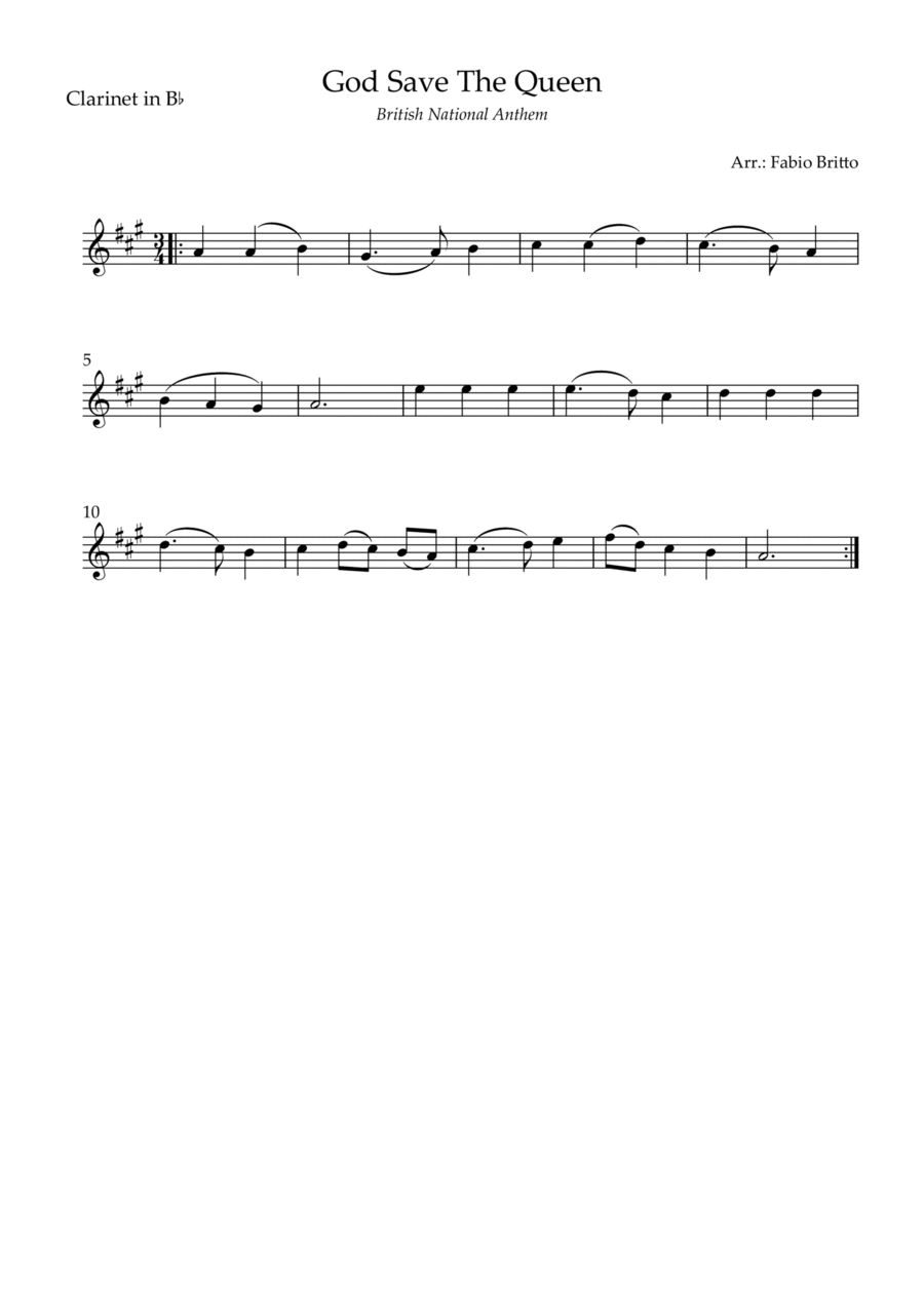 God Save The Queen (British National Anthem) for Clarinet in Bb Solo B-Flat Clarinet scores gallery preview page 1