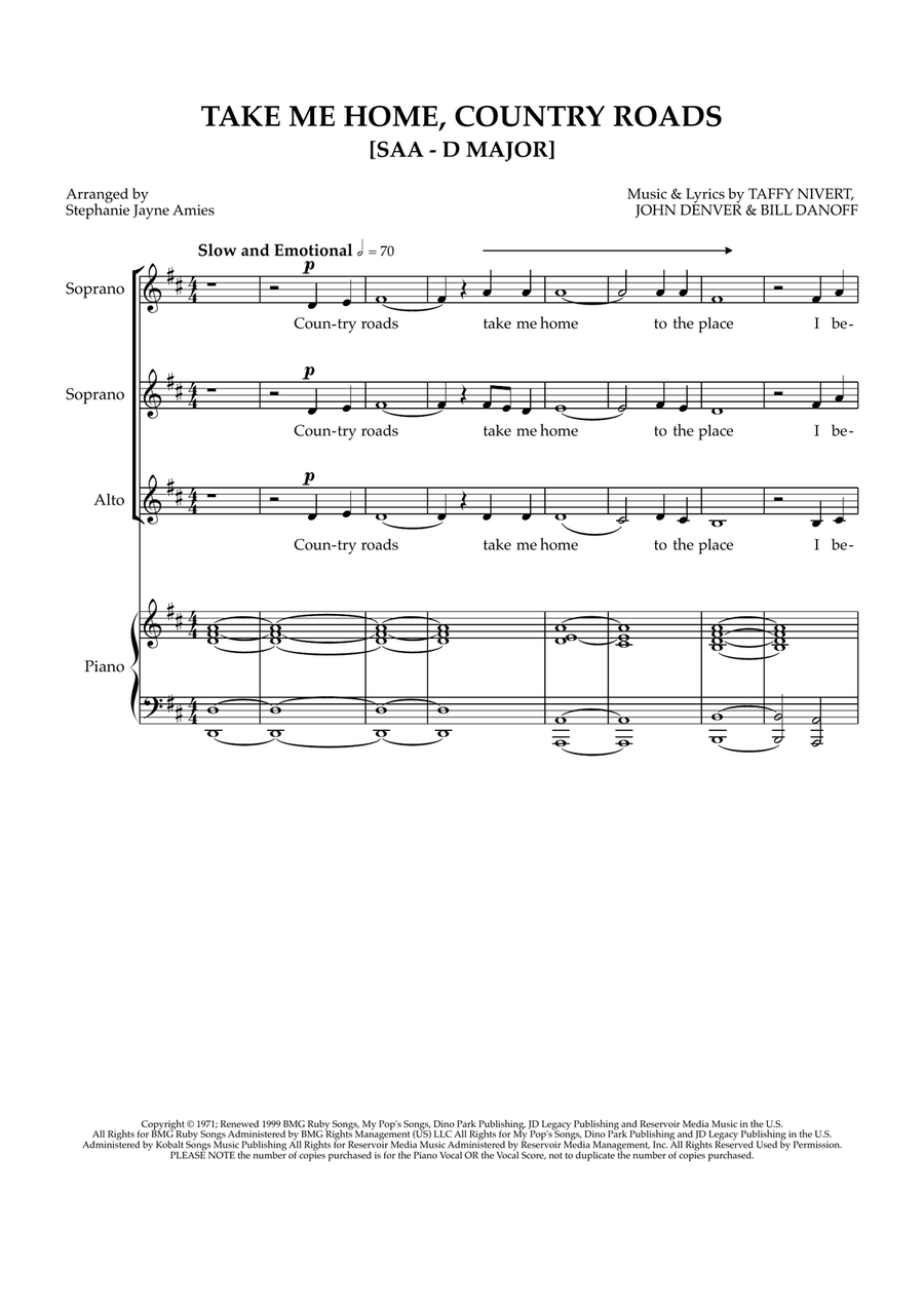Take Me Home, Country Roads SSA scores gallery preview page 1
