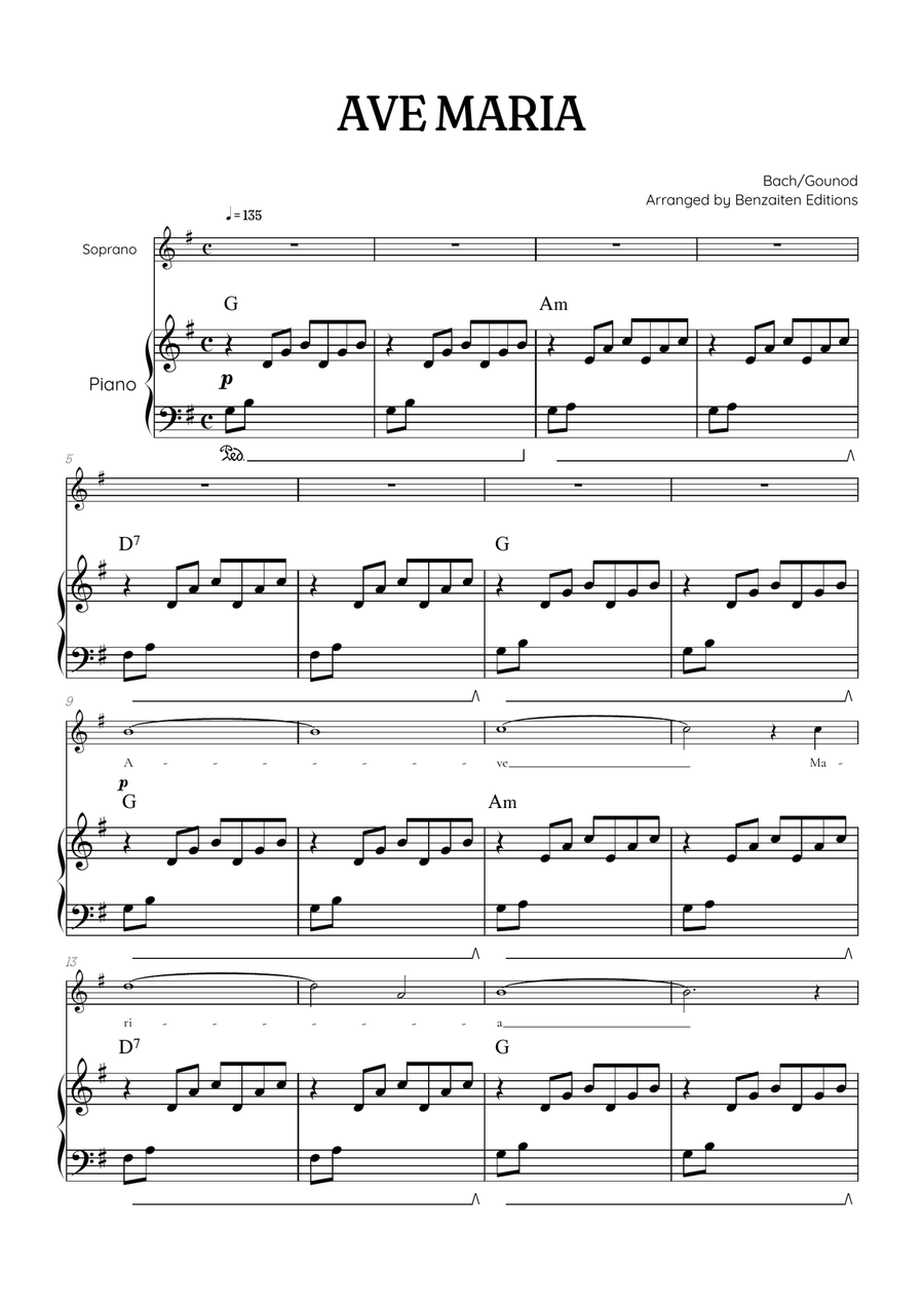 Bach / Gounod Ave Maria in G major • soprano sheet music with piano accompaniment and chords Piano, Vocal scores gallery preview page 1