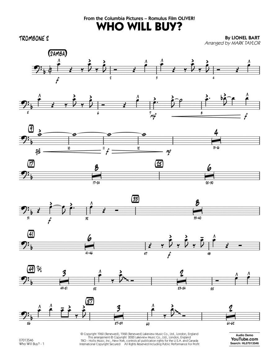 Who Will Buy? (from Oliver) (arr. Mark Taylor) - Trombone 2 Jazz Ensemble scores gallery preview page 1