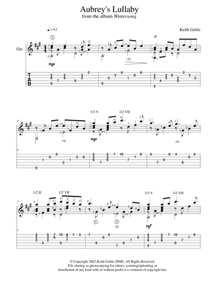 Book cover for "Aubrey's Lullaby" for solo classical fingerstyle guitar (+TAB)
