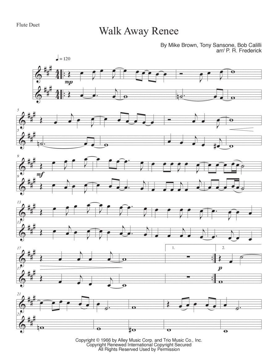 Walk Away Renee Flute Duet scores gallery preview page 1