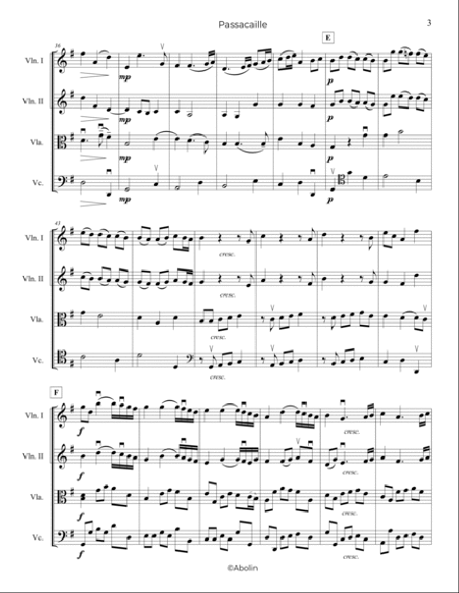 Handel: Passacaille (Passacaglia) from Sonata Op.5, No.4, HWV 399, arr. for String Quartet String Quartet scores gallery preview page 4