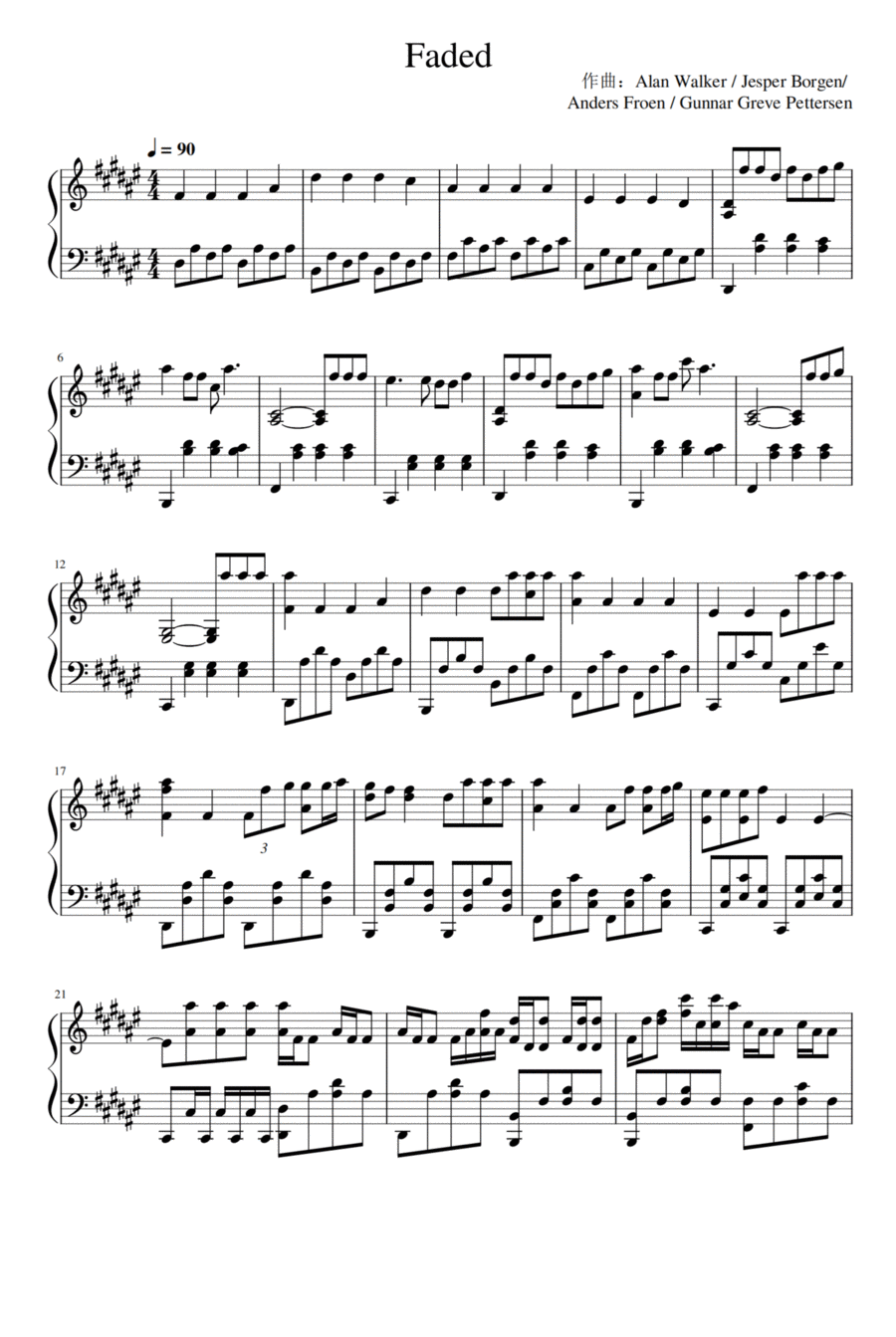 Faded Piano Solo scores gallery preview page 1