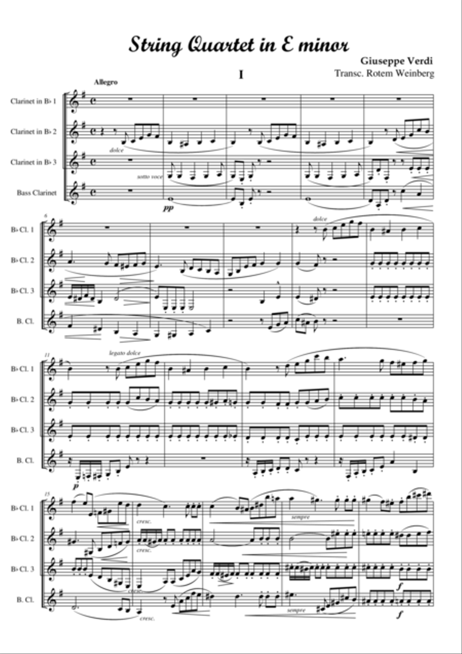 Quartet in E minor, mvmt.1 (Clarinet Quartet) Clarinet Quartet scores gallery preview page 1