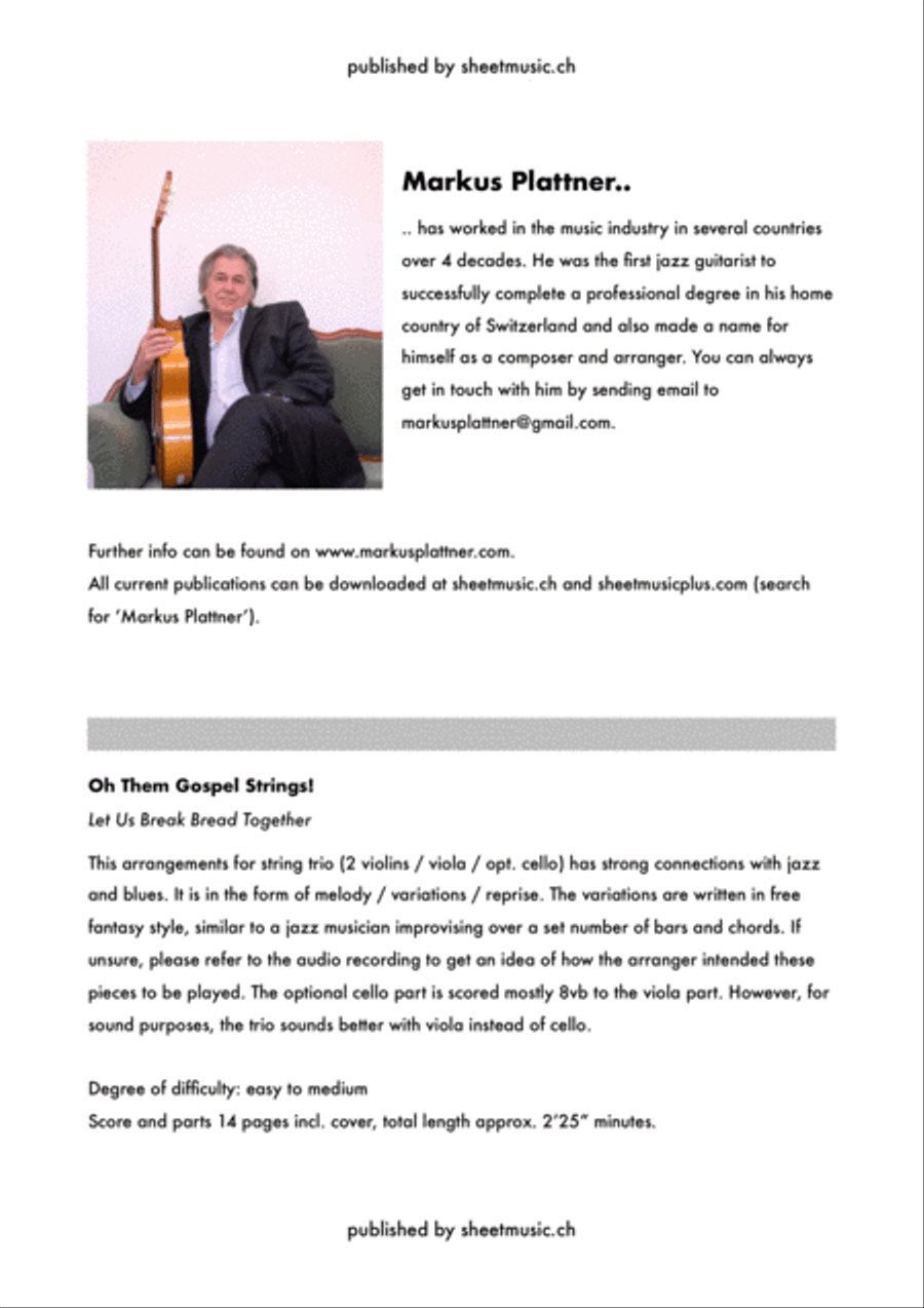 ‘Let Us Break Bread Together’ for String Trio (2 violins, viola, opt. cello part) Small Ensemble scores gallery preview page 2
