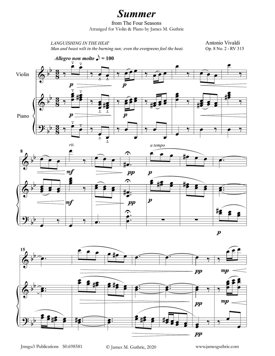 Vivaldi: Summer from the Four Seasons for Violin & Piano Violin Solo scores gallery preview page 1