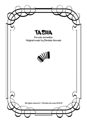 Book cover for Dimitris Anousis "Tasha" for solo accordion