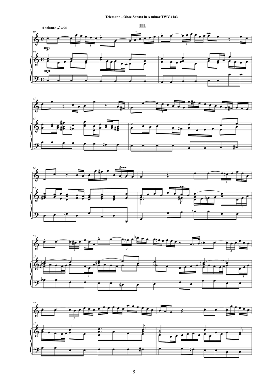 Telemann - Oboe Sonata in A minor TWV 41a3 for Oboe and Cembalo (or Piano) Harpsichord scores gallery preview page 5