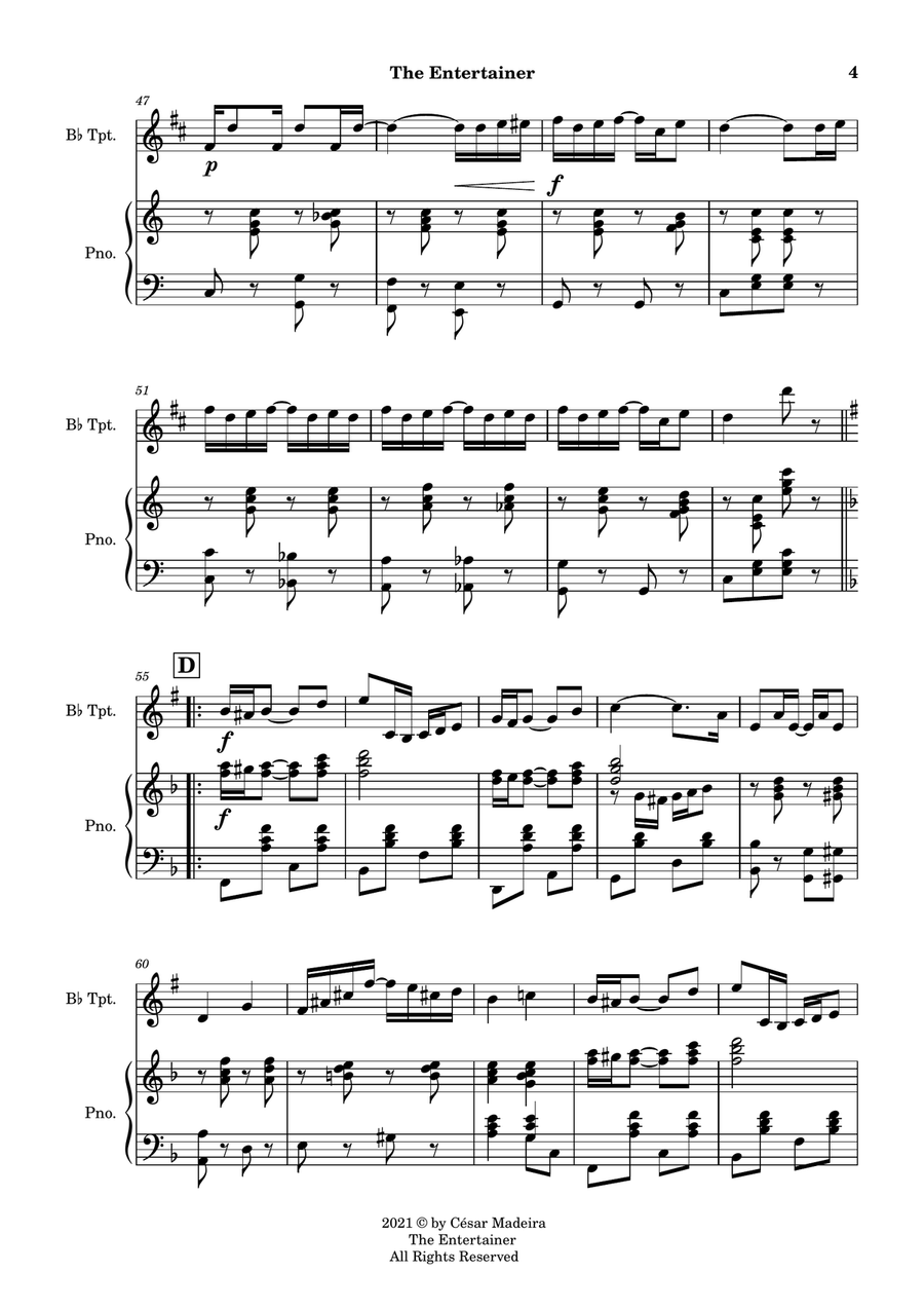 The Entertainer by Joplin - Bb Trumpet and Piano (Full Score and Parts) B-Flat Trumpet scores gallery preview page 5