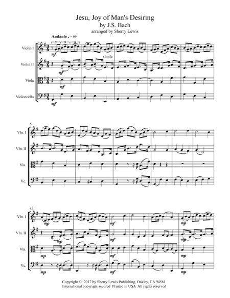 JESU, JOY OF MAN'S DESIRING - String Quartet, Intermediate Level of 2 violins, viola and cello image number null