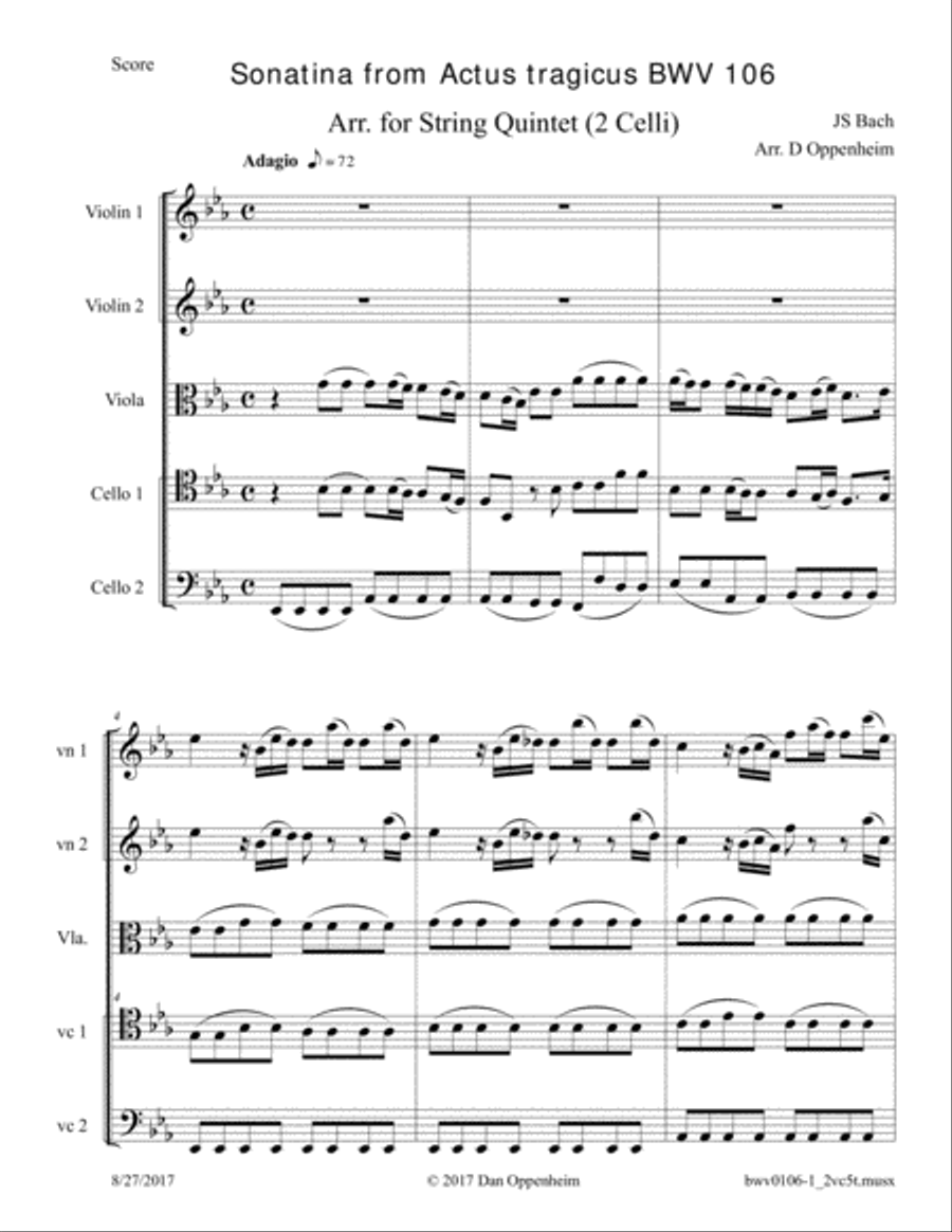 Bach: Sonatina from Actus tragicus; Cantata BWV 106 arr. for 2-Celli String Quintet String Quintet scores gallery preview page 1