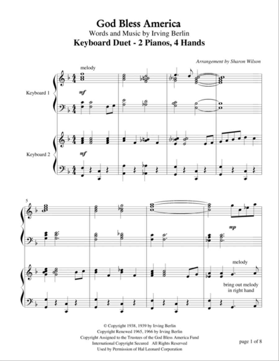 God Bless America 2 Pianos, 4-Hands scores gallery preview page 2