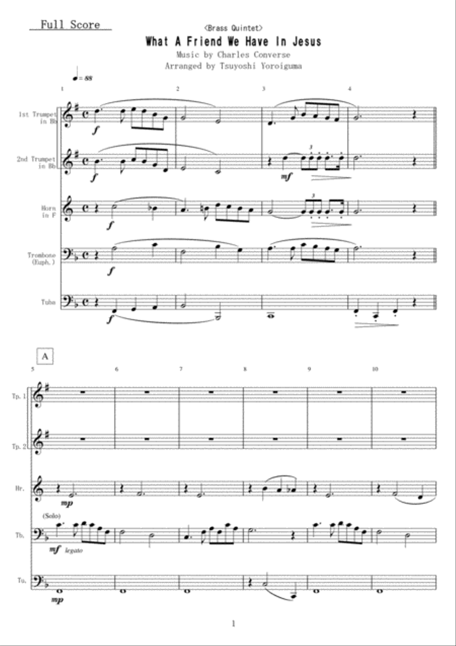 <Brass Quintet> What A Friend We Have In Jesus Brass Quintet scores gallery preview page 1