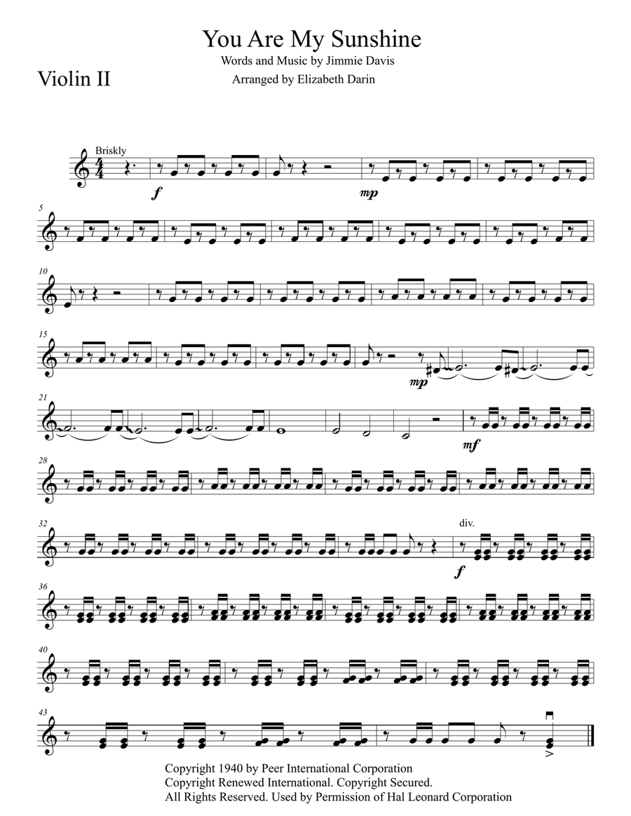 You Are My Sunshine Violin Solo scores gallery preview page 1
