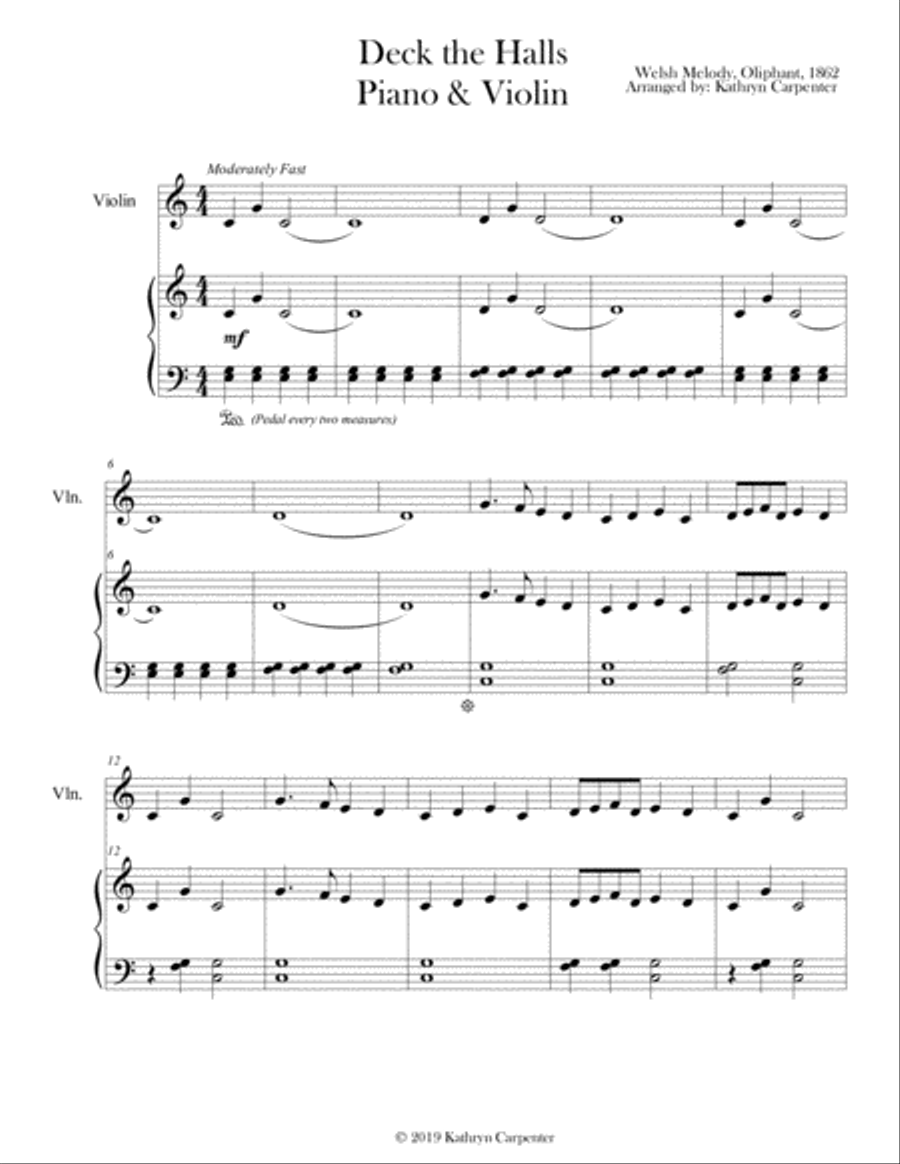 Deck the Halls (Easy Piano & Violin) String Duet scores gallery preview page 1