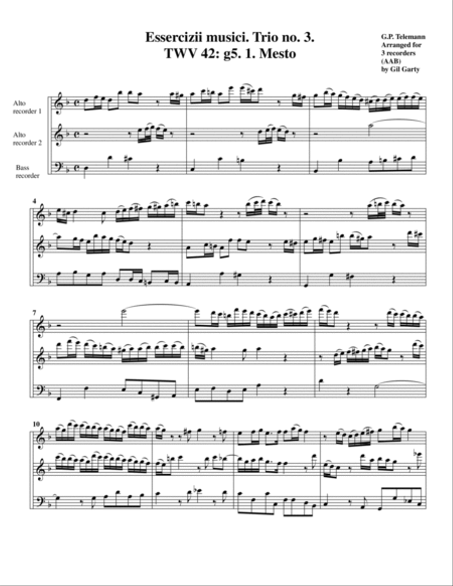 Trio sonata TWV 42:g5 (Essercizii musici, trio no.3) (arrangement for 3 recorders) Recorder scores gallery preview page 2