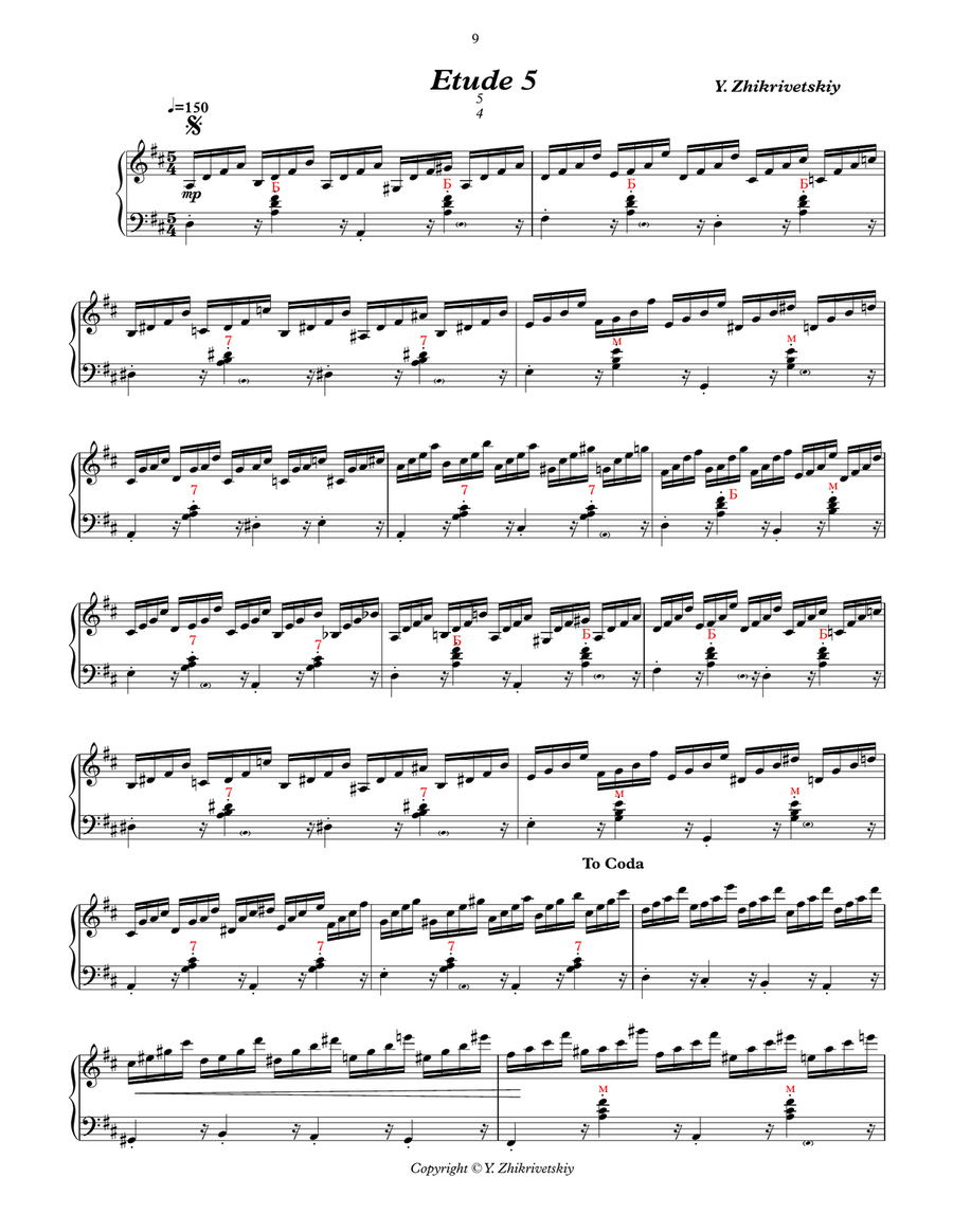 Polyrhythmic etude #5 for accordion:4 in the left hand - 5 in the right. Accordion scores gallery preview page 1