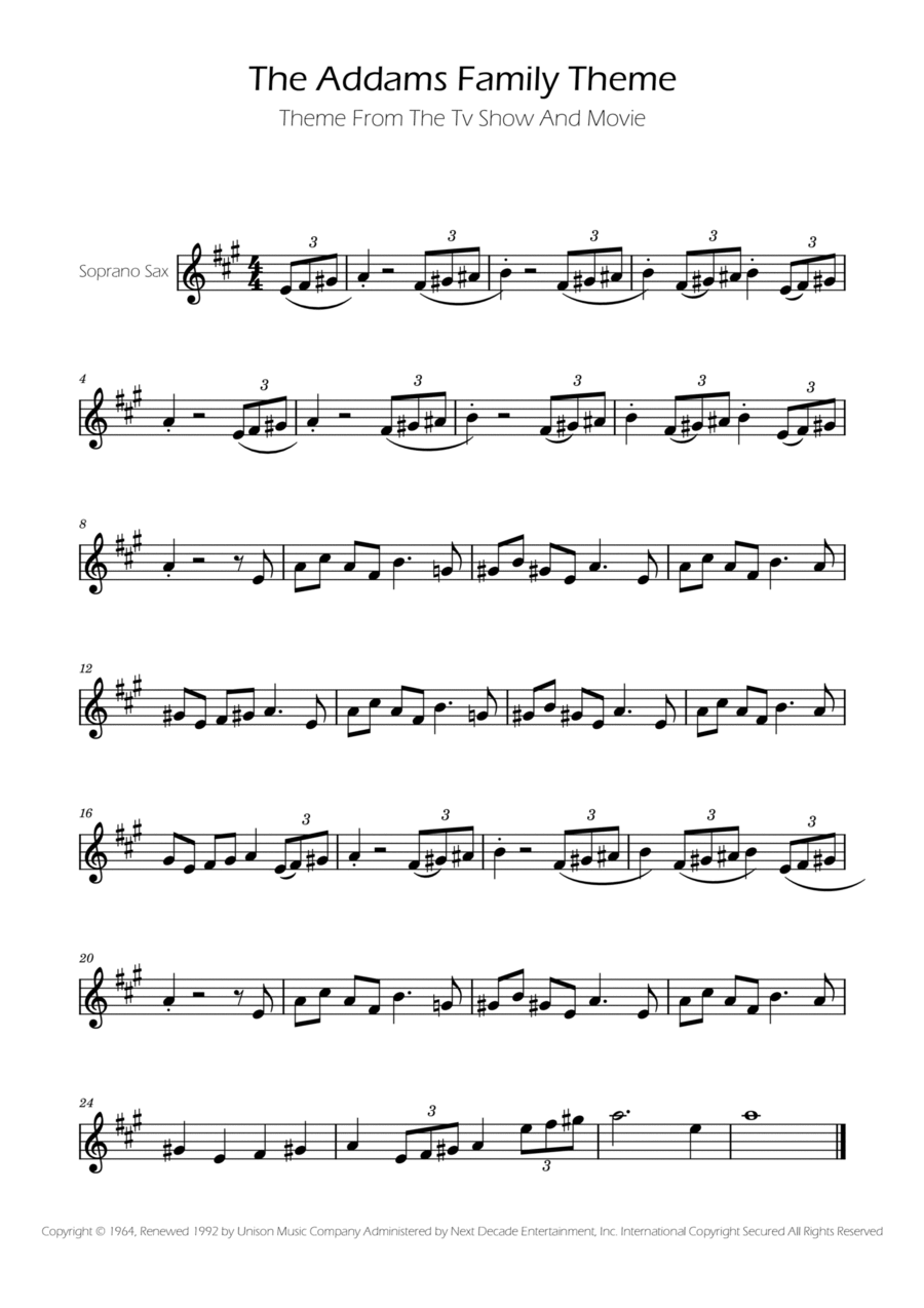 Addams Family Theme Soprano Saxophone scores gallery preview page 1