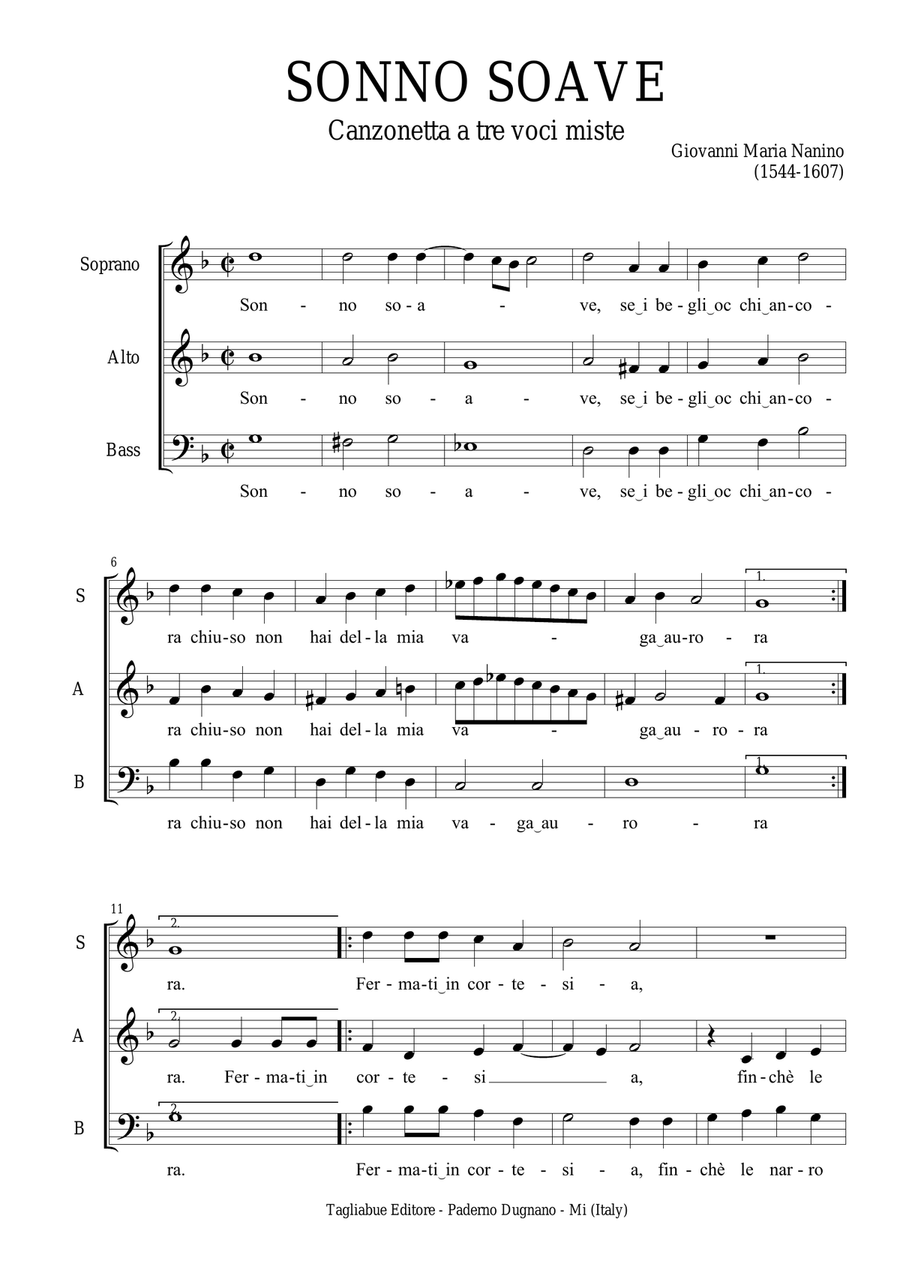 SONNO SOAVE - Canzonetta a tre voci miste SAB - G.M.Nanino (1544-1607) - Score Only 3-Part scores gallery preview page 2